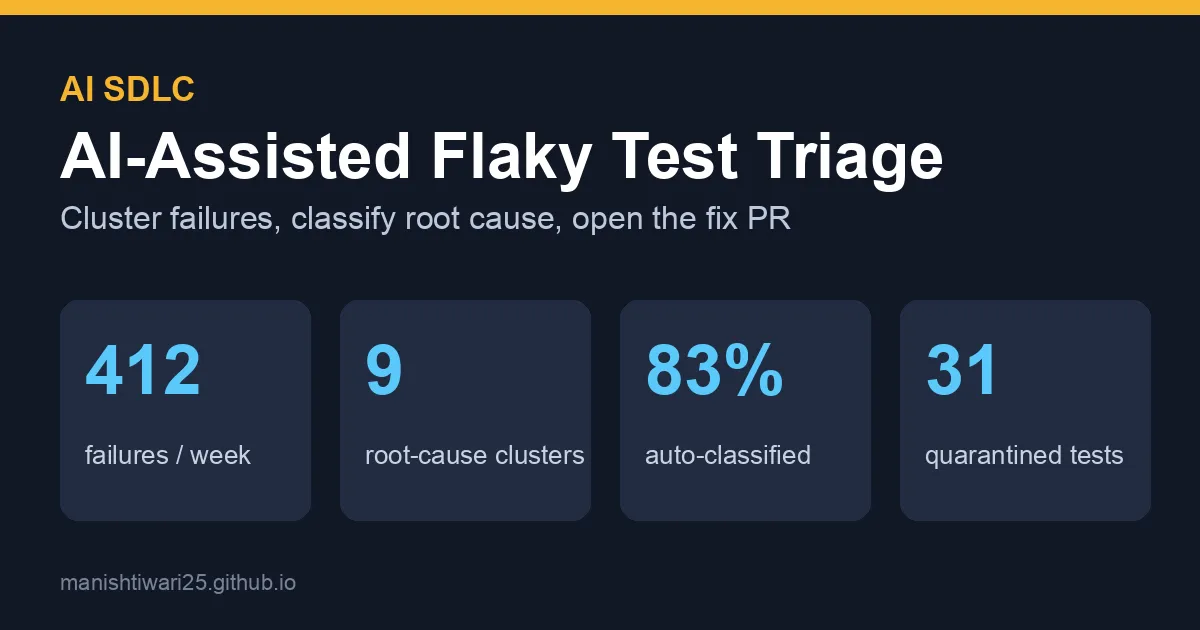 Header card for AI-assisted flaky test triage showing 412 failures per week, 9 root-cause clusters, 83% auto-classified and 31 quarantined tests