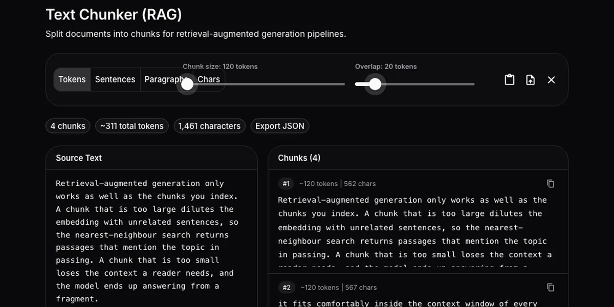 Lamplit Labs Text Chunker for RAG header showing the Tokens strategy selected, chunk size and overlap sliders, and the first generated chunks with their token and character counts