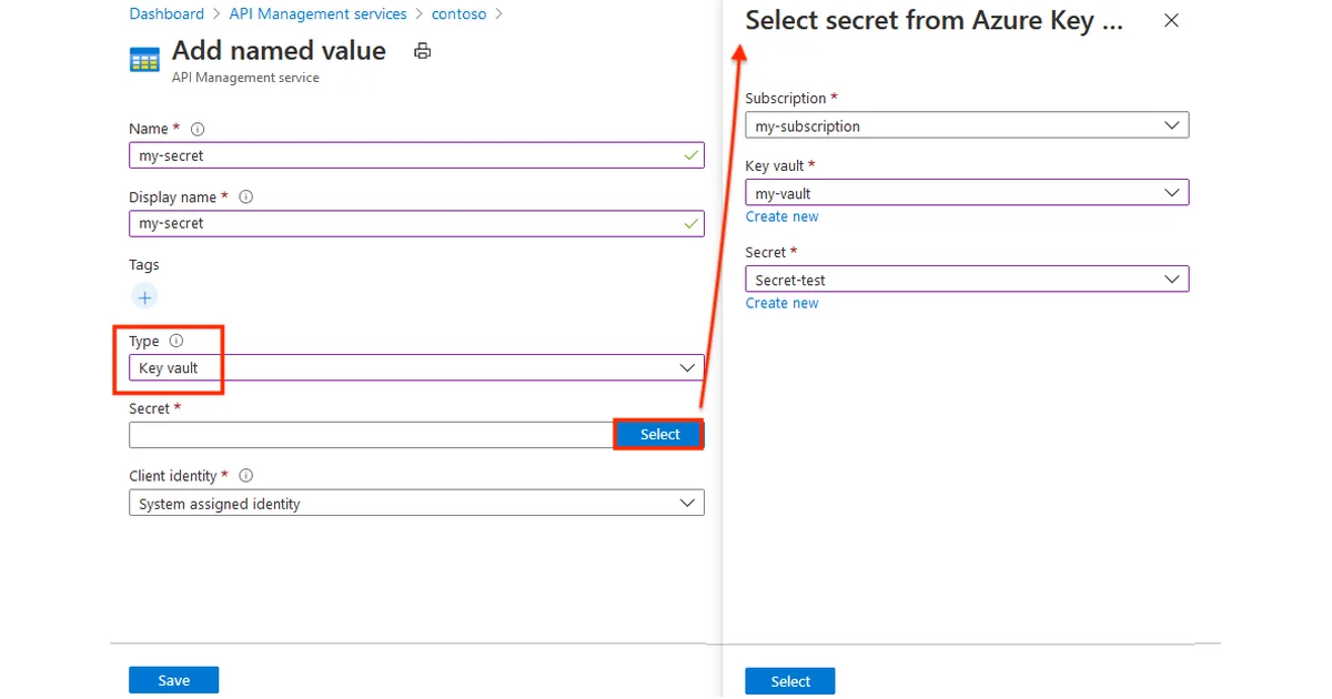Azure portal screenshot of adding an APIM named value of type Key vault pointing at a Key Vault secret