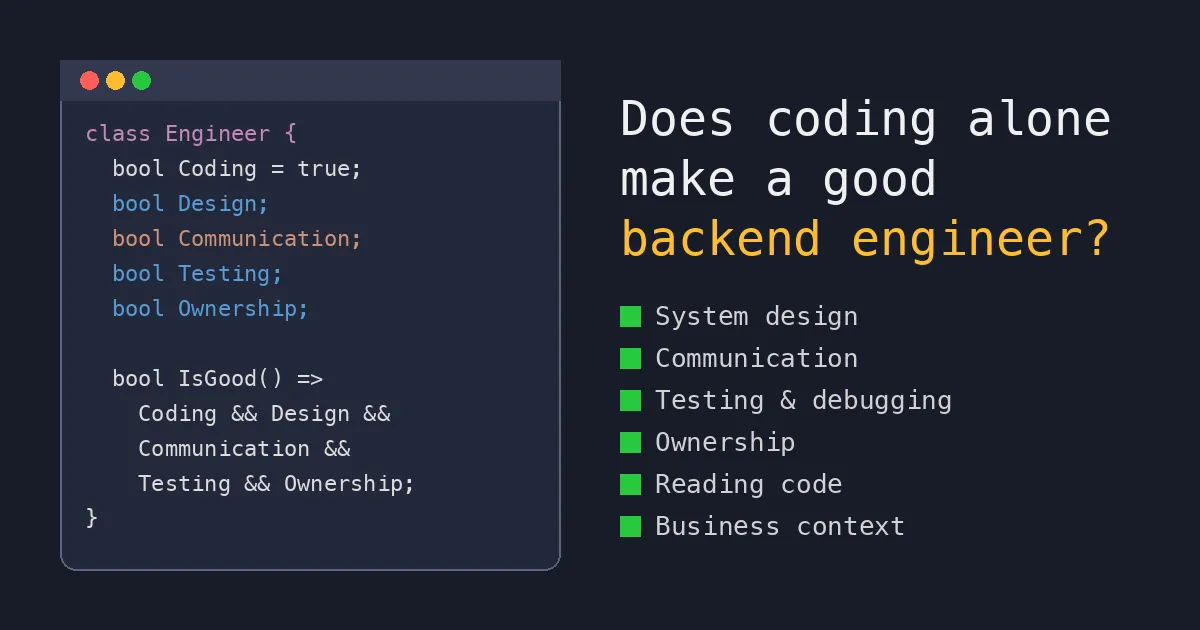 Illustration contrasting a code snippet with the wider skills of a good backend engineer - system design, communication, testing and ownership