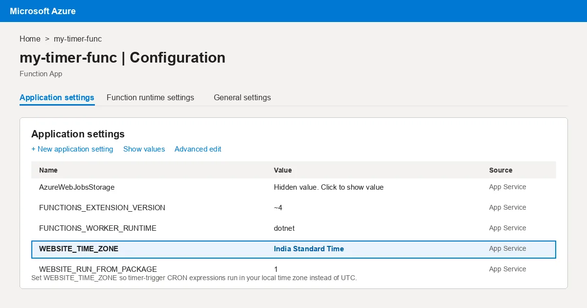 Azure portal screenshot of a Function App Configuration blade with the WEBSITE_TIME_ZONE application setting highlighted