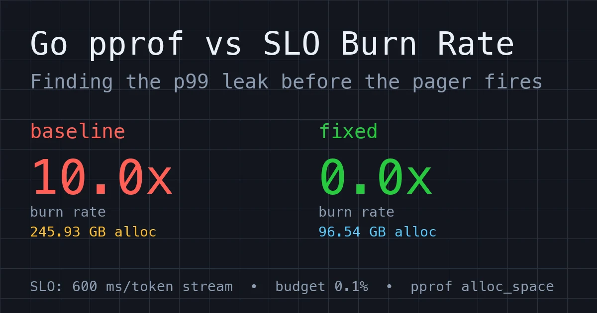 Terminal-style header graphic showing Go pprof alloc_space results: baseline burn rate 10.0x with 245.93 GB allocated versus fixed burn rate 0.0x with 96.54 GB allocated, under a 600 ms per-token-stream SLO with a 0.1% error budget.