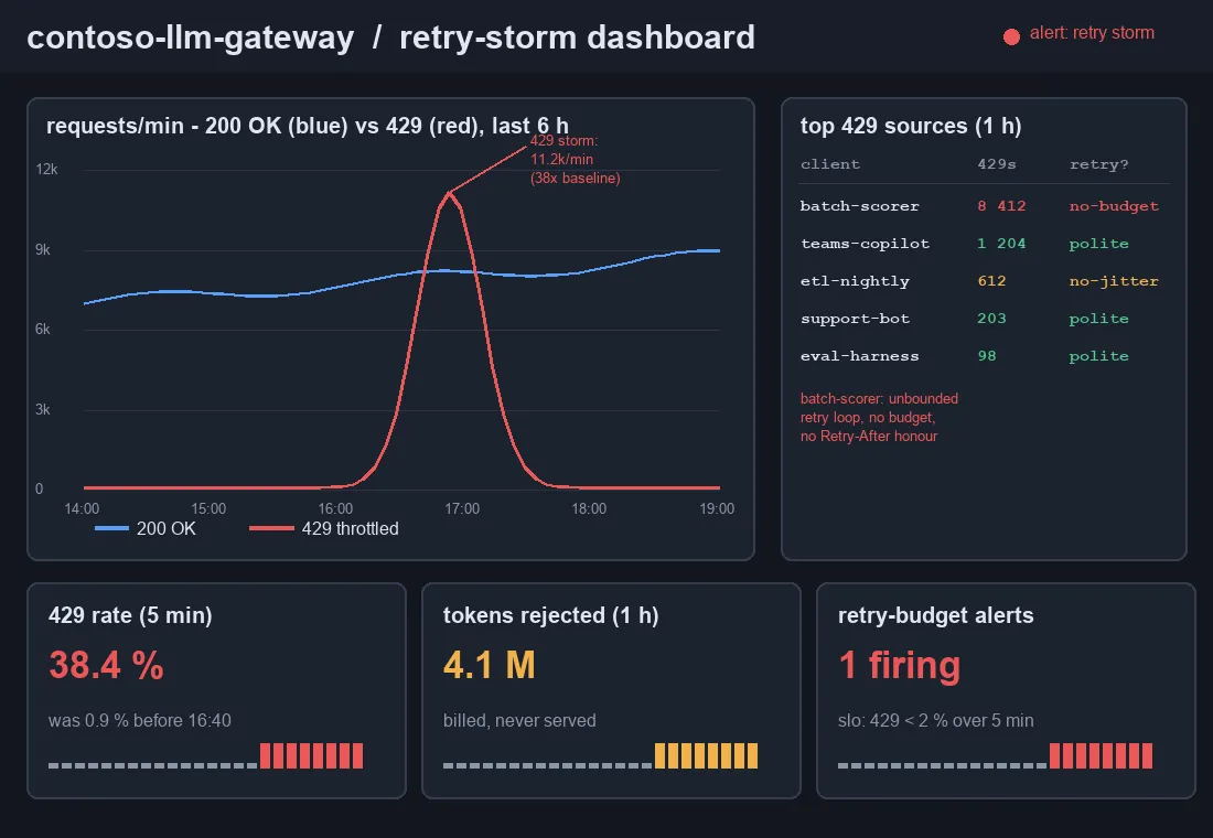 Operations dashboard screenshot for the contoso-llm-gateway showing a six hour line chart where red 429 throttled requests spike sharply to eleven thousand two hundred per minute around 16:50 while blue successful requests stay flat near eight thousand, a side table naming batch-scorer as the top throttled client with eight thousand four hundred twelve rejected calls, and counters reading thirty eight percent throttled and four point one million billed-but-rejected tokens