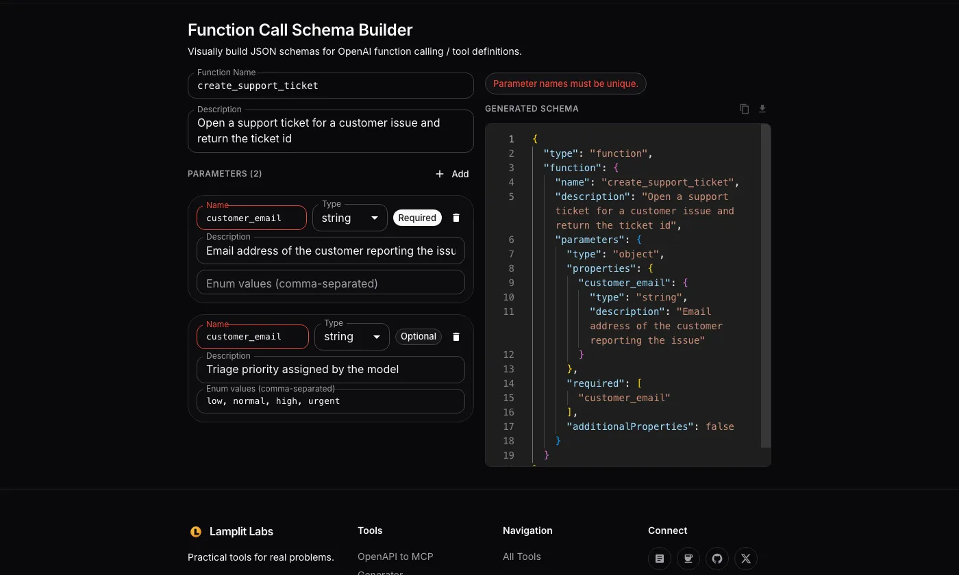 Screenshot of the Function Call Schema Builder showing a red validation chip reading Parameter names must be unique above the generated schema, with two parameters both named customer_email highlighted in red in the form