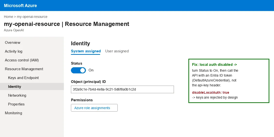 Azure OpenAI resource Identity blade with System assigned status On and an Object (principal) ID shown