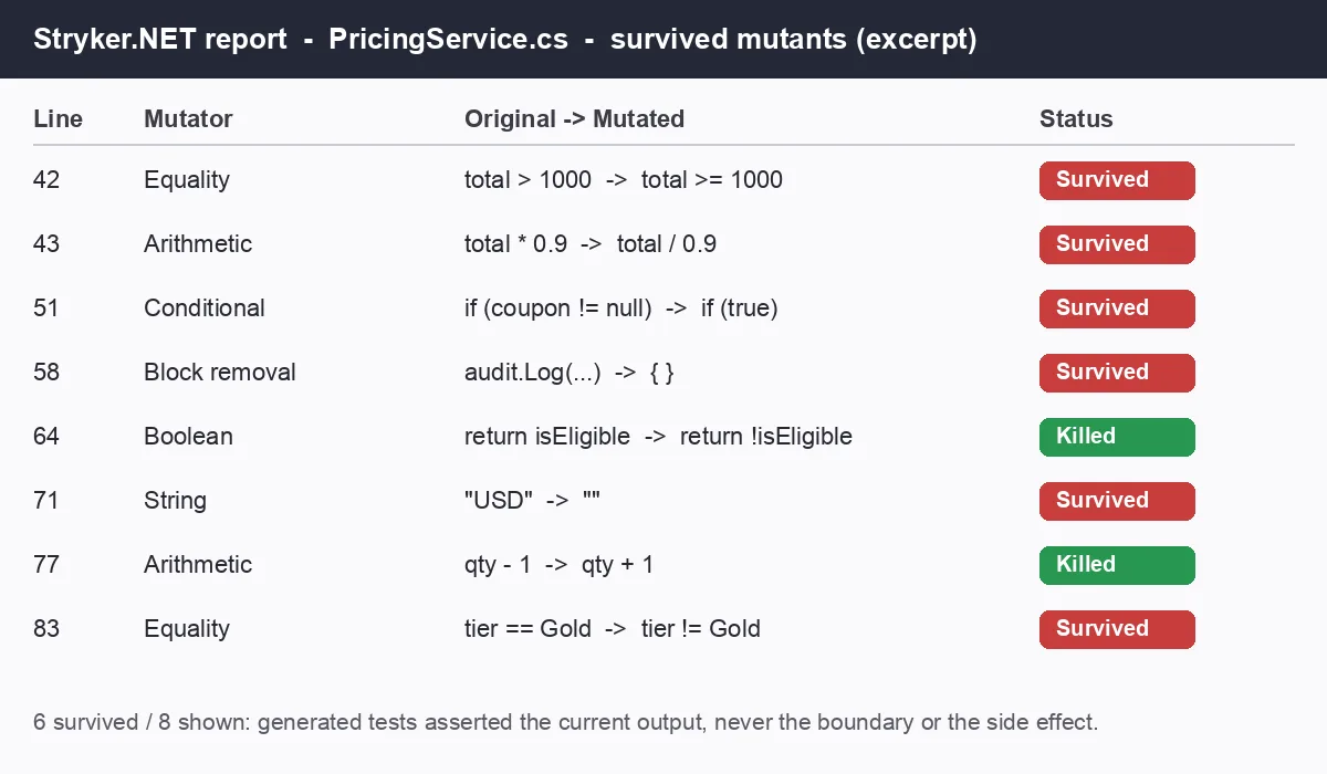 Stryker.NET report excerpt listing survived mutants in PricingService.cs: boundary, arithmetic, conditional and block-removal mutations that the generated tests never detected