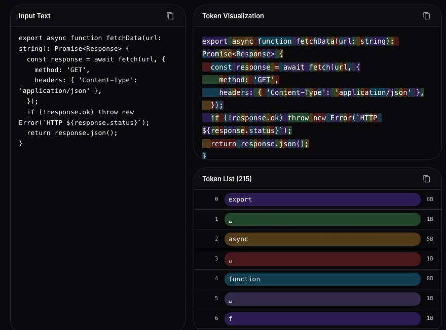 Screenshot of the Token Visualization pane for the Code Snippet example, with each token rendered as a coloured span over the Python source, followed by the Token List showing index, text and byte size for each token
