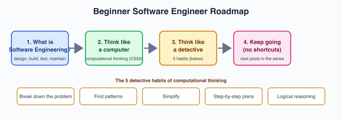 Roadmap diagram of this beginner guide: 1. What is software engineering, 2. Think like a computer (computational thinking), 3. Think like a detective, 4. Keep going with the series; below it the five detective habits: break down the problem, find patterns, simplify, step-by-step plans, logical reasoning