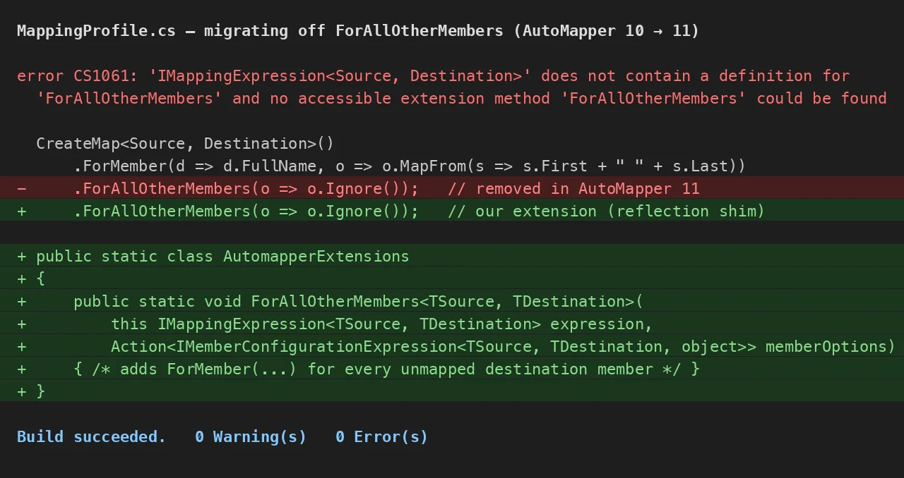 Diff showing the AutoMapper ForAllOtherMembers call removed and replaced after the breaking change